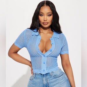 Fashion Nova Blue Crochet Sweater Shirt